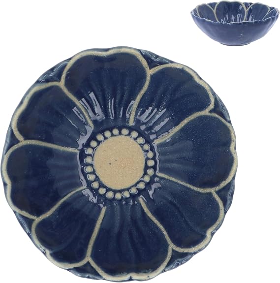 Gisela Graham Small Stoneware Snack Bowl, Navy Blue, Flower Design