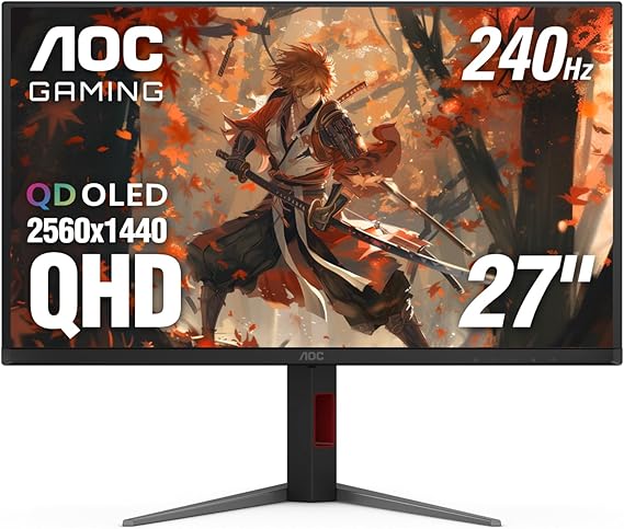 AOC Q27G4ZD 27" QD OLED Gaming Monitor, QHD 2560 x 1440, 240Hz 0.03ms, HDMI 2.0 x2, Display Port x2, G-Sync Compatible, Gaming Ready Console, 3-Year Zero-Bright-Dot