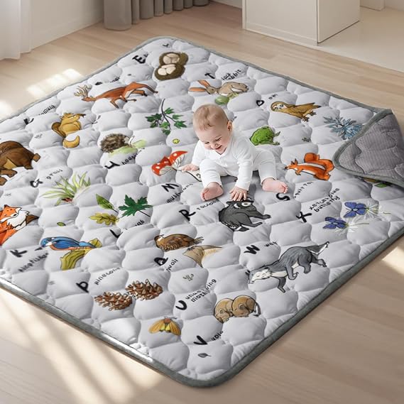 COMOMY Baby Play Mats for Floor 127x127 cm, Quilted Soft Padded, Light Grey