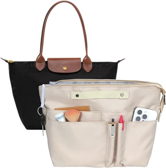 Bag Organiser for Longchamp Le Pliage Large, Handbag Organiser Insert with 15 Pockets and Zipper for Longchamp Bag Tote Bag Women (Beige, L)