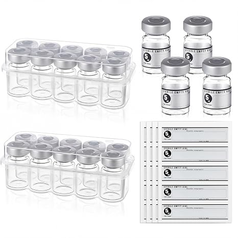 Threlaco スレラコ 5ml 密封滅菌空のバイアル 自己修復注入ポート付き ガラスペニシリンボトル ラベルステッカー20枚付き アルミニウム