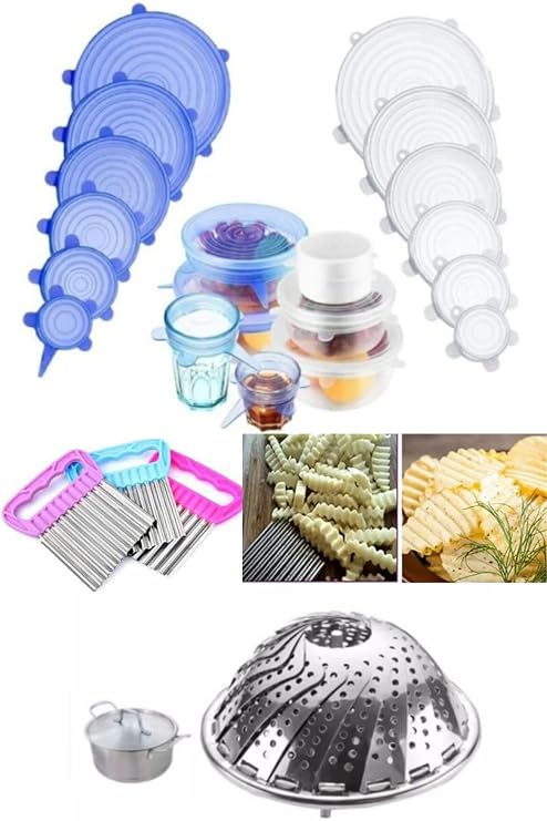 3lü Set Buharda Pişirme Aparatı Haşlama Sepeti + Cips Patates Doğrayıcı + 6'lı Streç Silikon Kapak