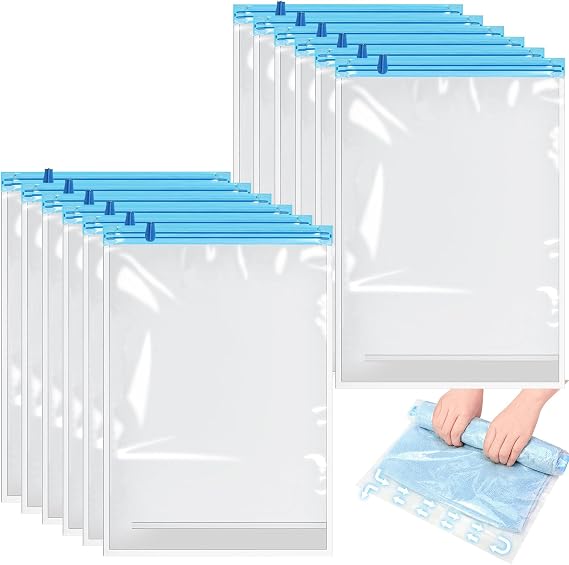 12 Pack Reusable Roll Up Compression Bags, 35X50 cm Medium Vacuum Storage Bags for Travel, Waterproof Compression Bags for Suitcases, Space Saving Packing Bags for Suitcases, No Pump or Vacuum Needed