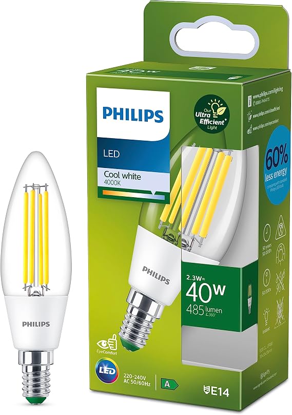 Philips Ultra Efficient - Ultra energy saving lights, LED light source, 40W, B35, E14, Candle Cool White 4000 kelvin, clear