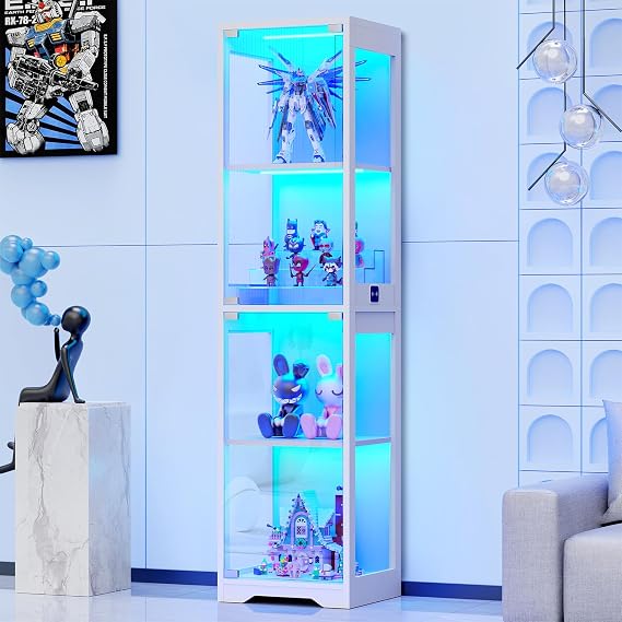 BROTTAR Display Cabinets with Glass Doors & 3 Color LED Lights,4 Tier,Black
