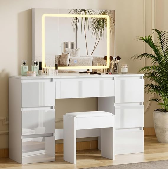Full High Gloss Dressing Table with Mirror and Stool 7 Drawers White/Black Vanity Desk with LED Light Makeup Desk Bedroom Vanity Desk Set Ideal for Girls and Women Bedroom Furniture (White)