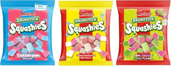 Squashies Drumstick Sharing Bag Mix Bundle - x1 Original Raspberry & Mik Flavour, x1 Sour Apple & Cherry, And x1 Bubblegum Flavour - 3 x 120g Bags
