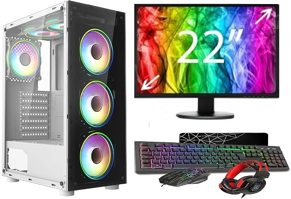Gaming PC Bundle, Intel Core i3, Nvidia GT 730 2GB, 8GB RAM, 128GB SSD + 500GB HDD, 22" Monitor, WiFi, Windows 10, White 6 Fan RGB Case, 500W 80+ PSU