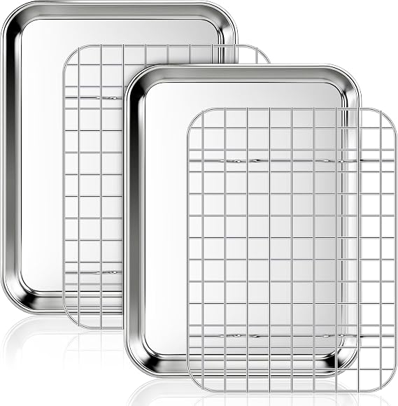 Fire More Baking Tray with Cooling Rack, 2 Stainless Steel Trays and 2 Oven Racks, Rectangular Tray 9.25 x 6.9 x 1 Inch for Baking and Serving