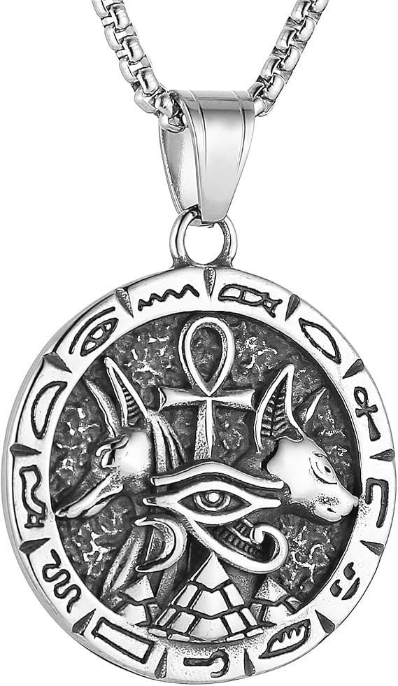 HZMAN Ancient Egyptian Symbol Necklace for Men Women Stainless Steel Retro Eye of Horus Pyramid Coptic Ankh Cross Anubis Round Pendant Necklace