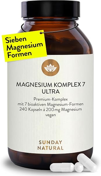 SUNDAY NATURAL® Magnesium Complex – 240 Capsules – 400 mg per Day – Made from 7 Compounds: Magnesium Bisglycinate Citrate Malate Lactate Ascorbate Oxide Lysinate – Vegan Laboratory Tested