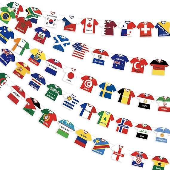 AhfuLife 1 Pack Preassemble World Flag Bunting for World Cup Party Decorations, 48 Teams Double Sides Paper Jersey Flags Banner for World Cup Football Wall Home Garden Decor