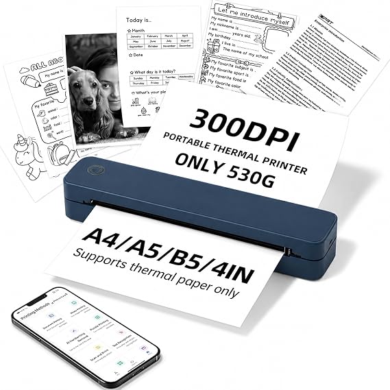 Portable Thermal Printer A4 Compatible with iOS, Android AI App, Laptop - Bluetooth Inkless Printer 300 Sheets at Full Charge - 300DPI Wireless Small Printers for Home Use, Office, Study, Travel
