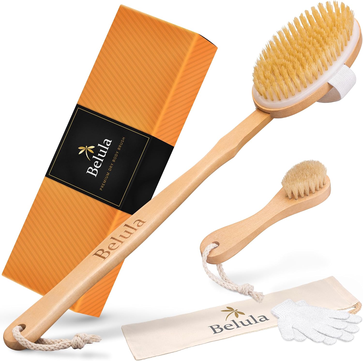 Belula Body Brush Set Back Wash Premium Exfoliating Care Natural Boar Hair Body Brush Back & Facial Wash Brush & Bath Glove with Pouch