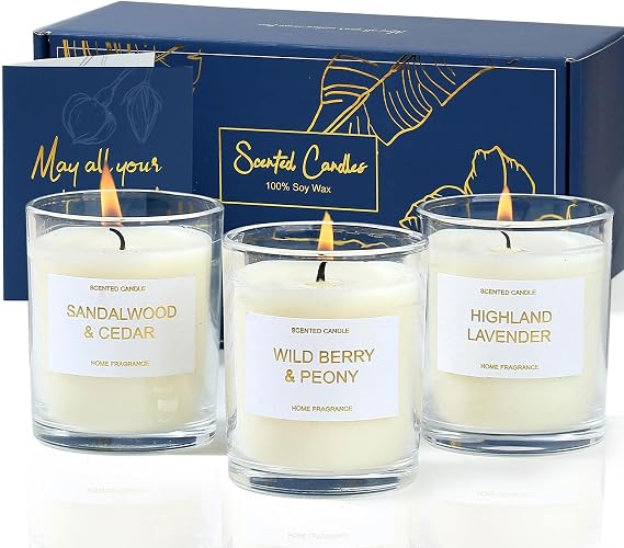 PROFIKLA Scented Candles Gift Set, Lavender, Peony & Wild Berries, Sandalwood Soy Wax Candles, 3 x 3.5oz 75 Hours Burn Time, Elegant Gift for Women and Men, Mum, Mother's Day, Birthday [Energy Class A+++]