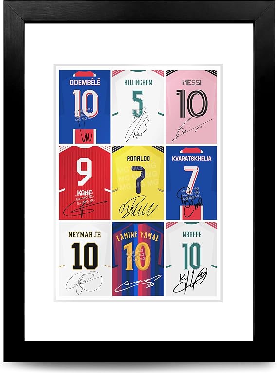 Bellingham Messi Neymar Ronaldo Mbappe Lamine Yamal Kane Dembele Kvaratskhelia Signed Photo Poster A4/A3 Print Framed Autograph Memorabilia Football Fans Gift (A4 BLACK FRAMED & MOUNTED)