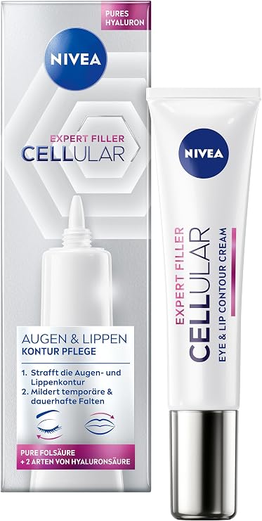 NIVEA Cellular Expert Filler Eye and Lip Firming Cream - Anti Wrinkle with Hyaluronic and Folic Acid - Lip Care to Tone Lip Contour (15ml)
