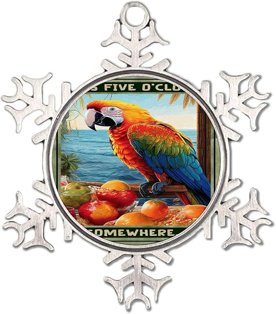 It's Five O'clock Somewhere Snowflake Ornaments Round Christmas Tree Ornament Macaw Parrot Animal Pet Elegant Keepsake Tiki Bar Pool Hot Tub Luau Collectible Gift for Festive Holidays Home Decor