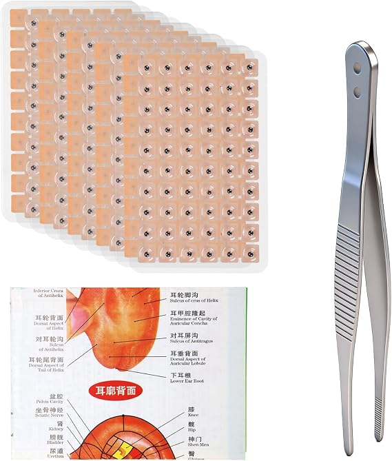 DBOO 600PCS Ear Seeds Kit, Acupuncture Ear Seeds for Anxiety Stress Relief, Disposable Acupressure Seed Patches with Tweezers and Ear Chart, Auricular Acupressure Stickers for Men and Women