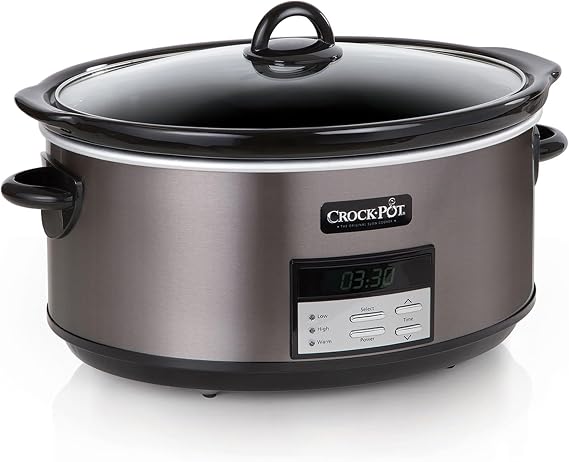 Crock-Pot Large 8 Quart Programmable Slow Cooker with Auto Heating Setting, Black, Stainless Steel