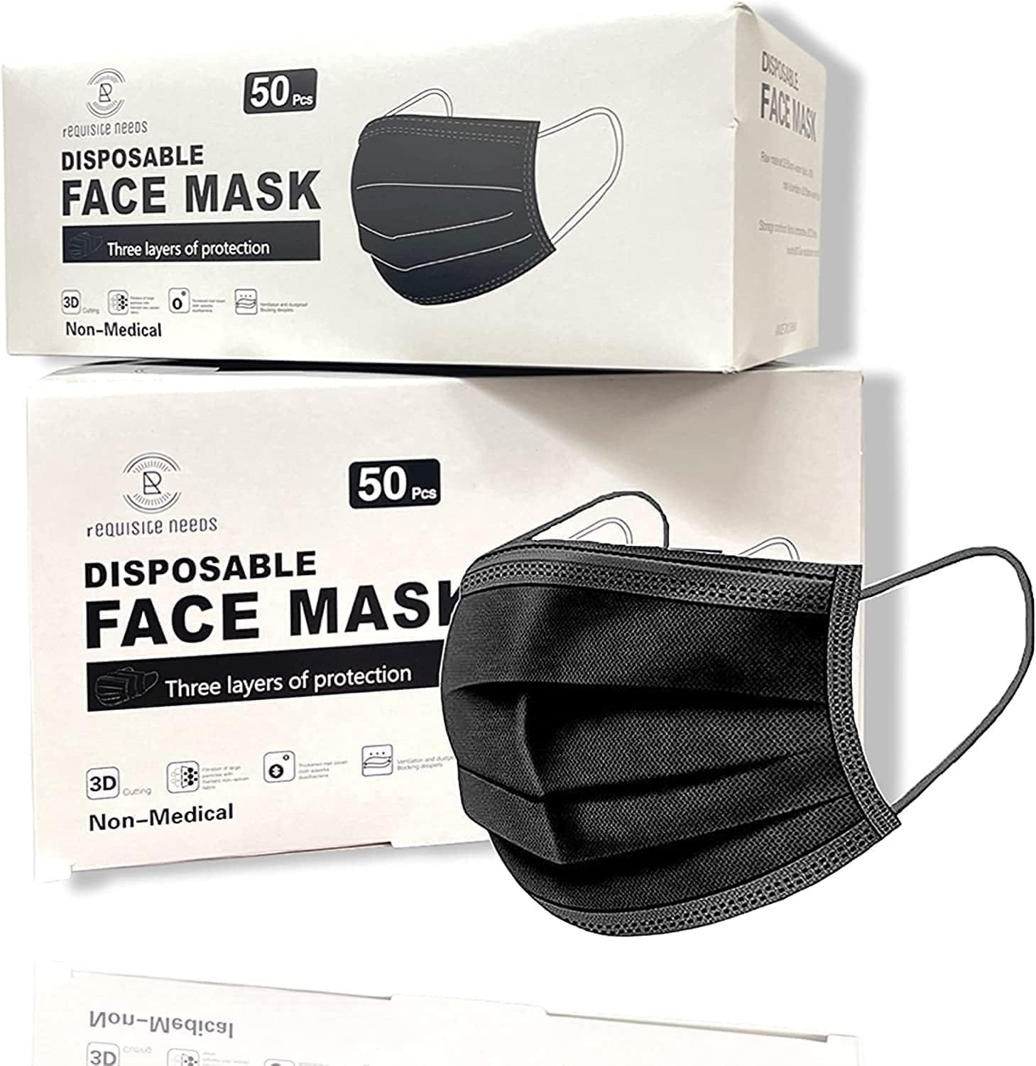 REQUISITE NEEDS Face Mask Black Disposable for Adults, Disposable Breathable Face Coverings, Face Masks Breathable,3 Layer Face Masks | Suitable For Sensitive Skin Black