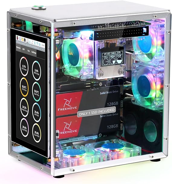 FREENOVE Raspberry Pi 5 Case Kit Pro (with 1x 128GB SSD), Dual M.2 NVMe SSD Slots, 5 PWM ARGB Fans Light Sync, CPU Tower Cooler, 4.3" Touchscreen, Stereo Speakers, 3.5 mm Audio