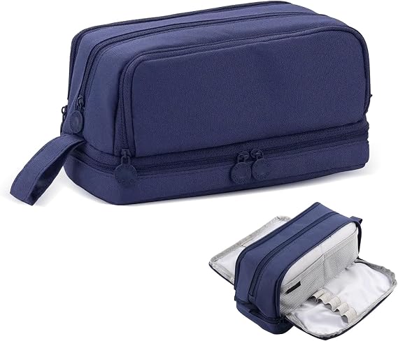 Capacity Pencil Case with 4 Compartments, Zipper and Handle(Navy blue)
