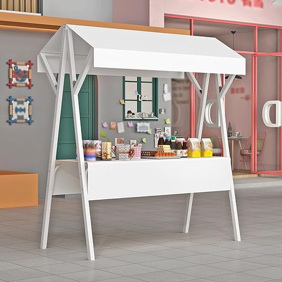 SRNSAEB 120cm 150cm Foldable Street Food Cart with Awning/Tablecloth, Market Stall Display Stand Portable/Selling Booth, Farmers Market Kiosk for Events/Promotions/Advertisements(White,60cmx130cm)