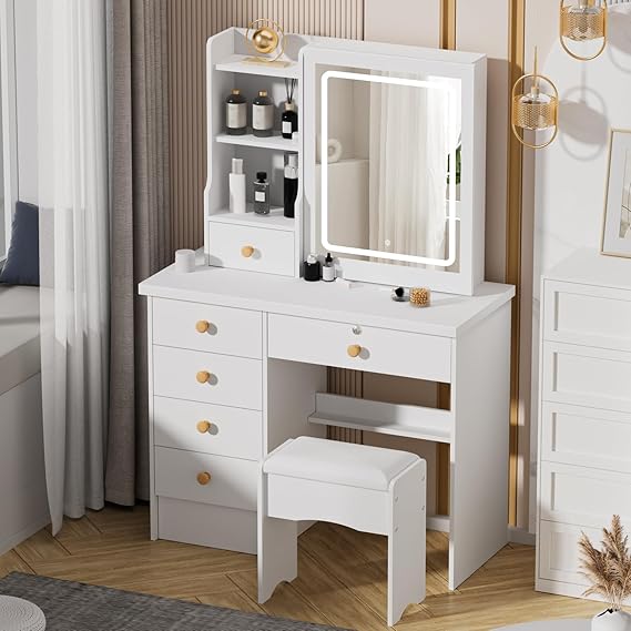 Tuelaly Dressing Table with LED Lights, Vanity Desk with Mirror and Drawers, Makeup Bedroom Dressing Table with Open Shelves (White-2)