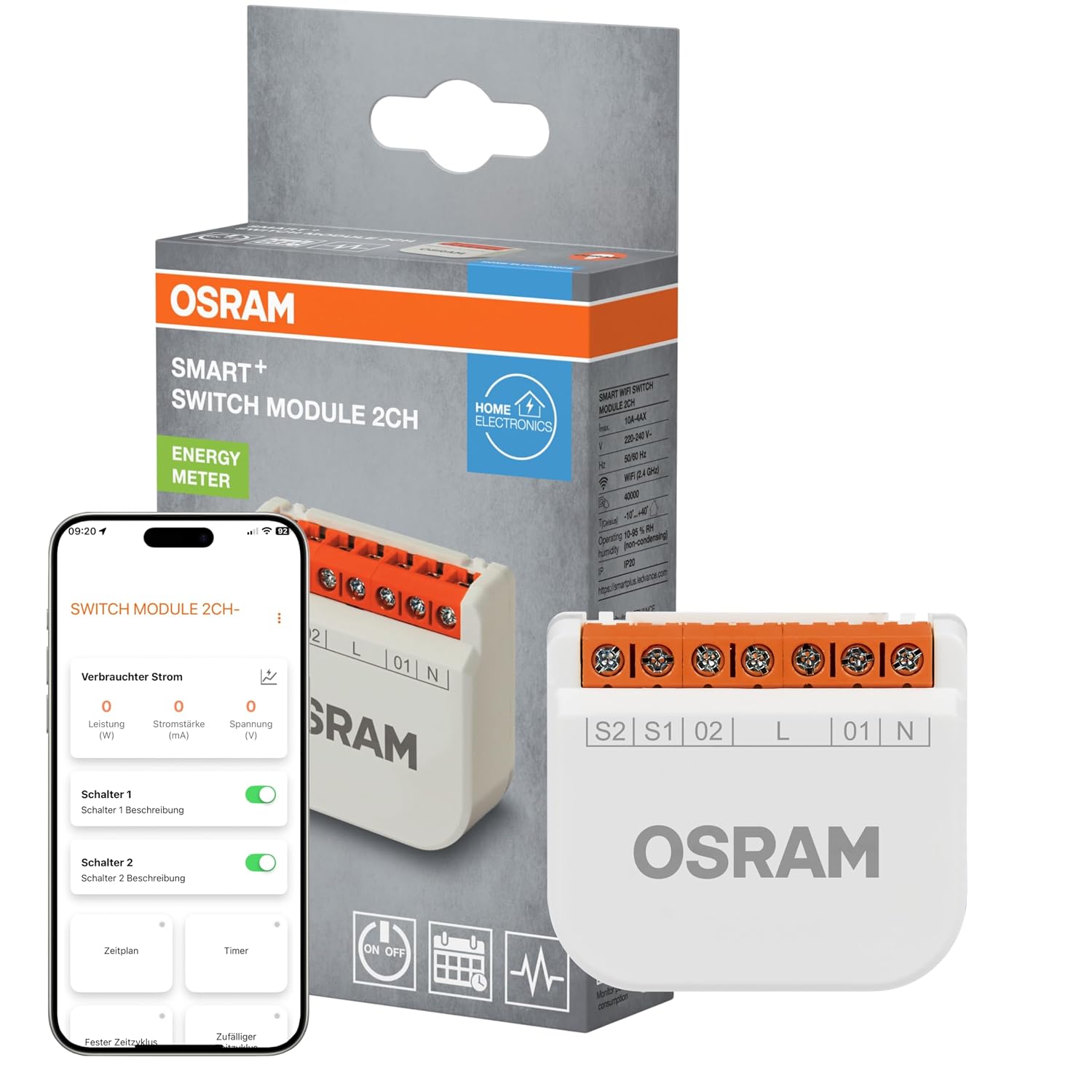 OSRAM SMART+ WiFi Switching Module 2 Channel 10A Switching Capacity Energy Meter Smart Home Alexa Compatible White
