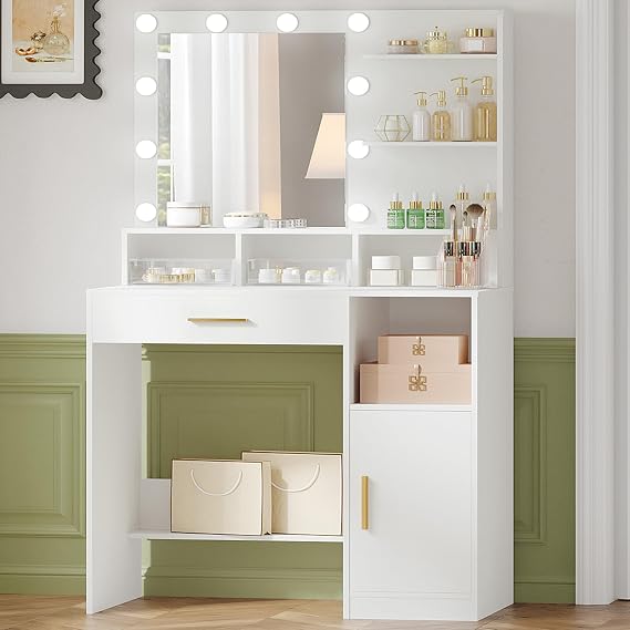 Hzuaneri Dressing Table with Mirror and 10 LED Lights, 3 Adjustable Lights [Energy Class F]