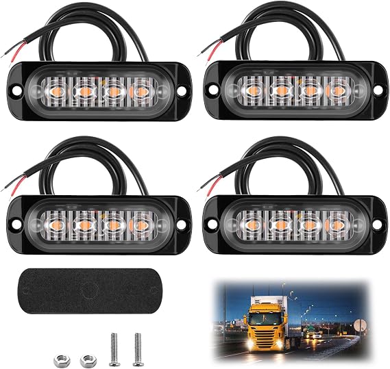 4 PCS Amber Strobe Lights 12v-24v, Car Strobe Flashing Light, Waterproof [Energy Class A+++]