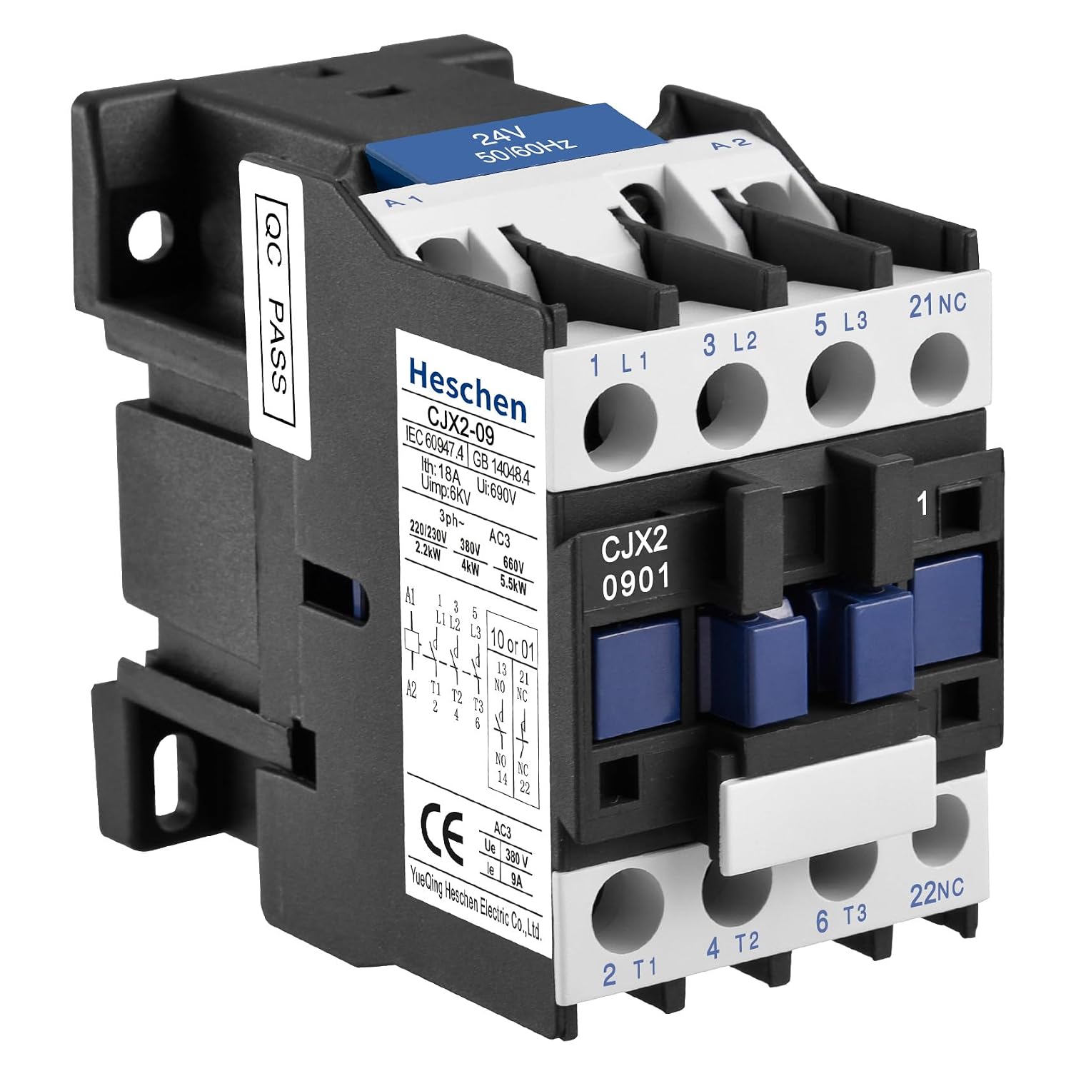 Heschen AC Contactor, CJX2-0901, 24V 5060Hz Coil, 3P, 3 Pole, Normally Closed, Ie 9A, Ue 380V