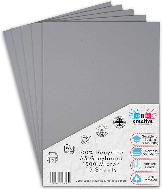 BCreativetolearn A3 Greyboard 29.7 x 42 cm 1500 Micron (1.5mm) 10 Sheets – Extra Thick Recycled Mount Board for Backing, Model Making & Presentation