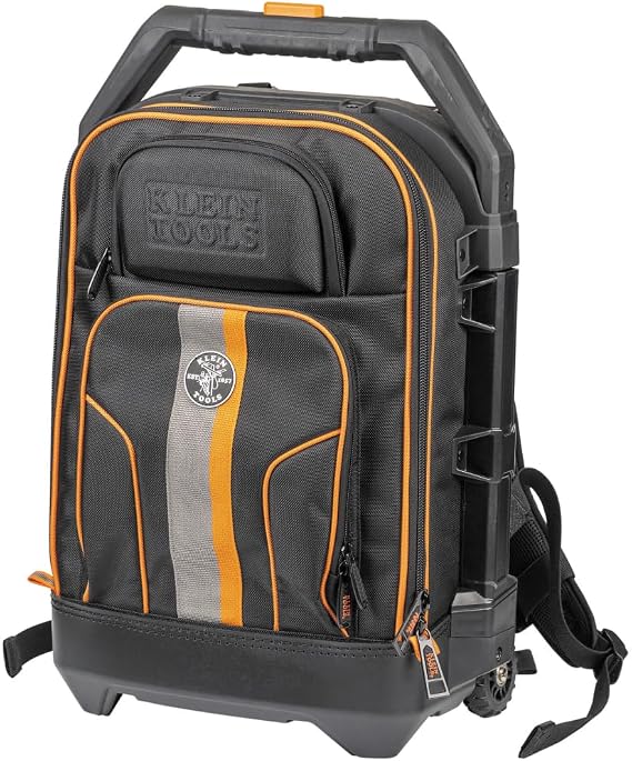 55604 Rolling Tool Backpack Tool Bag with 28 Pockets Heavy Duty Retractable Handle Large Tool Storage Interior 3-Inch Wheels