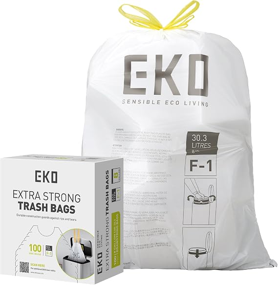 EKO Extra Long Trash Bags with Drawstring 30 Litre Trash Bags 100 Bags Extra Strong Quick Access Box Perfect Fit for Bins Leak Proof White Size F-1