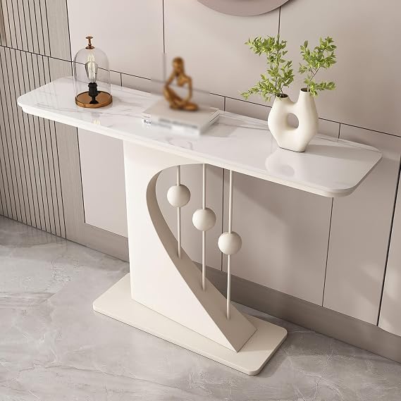 Sintered Stone Entryway Table, Modern Narrow Console Table with Abstract Metal Base, Contemporary Accent Table for Hallway Living Room(White-white,100 * 30 * 80cm)