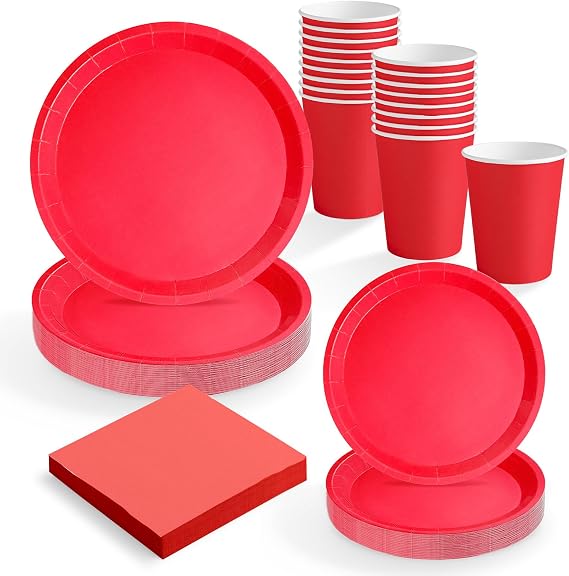Disposable Party Tableware Set 20 People Red - 114 Pieces - Paper Cups 270 cc + Paper Plates Ø17 and Ø20.2 cm + Paper Napkins 25 x 25 cm - Tableware for Birthdays and Events