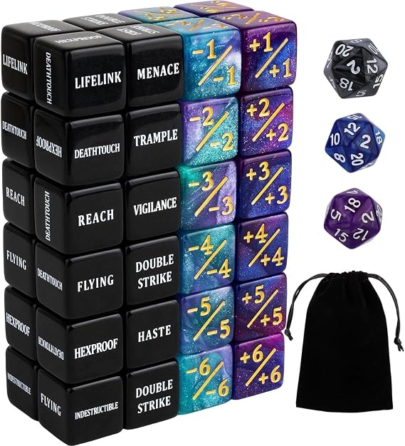 51 PCS MTG Dice Counters Set with Keyword Counter Dice,1/+1 Life Counter Tokens, Replenish Counters for MTG TCG Board Games, Includes D20 Dices and Velvet Bag, Ideal Gaming Accessories for Players