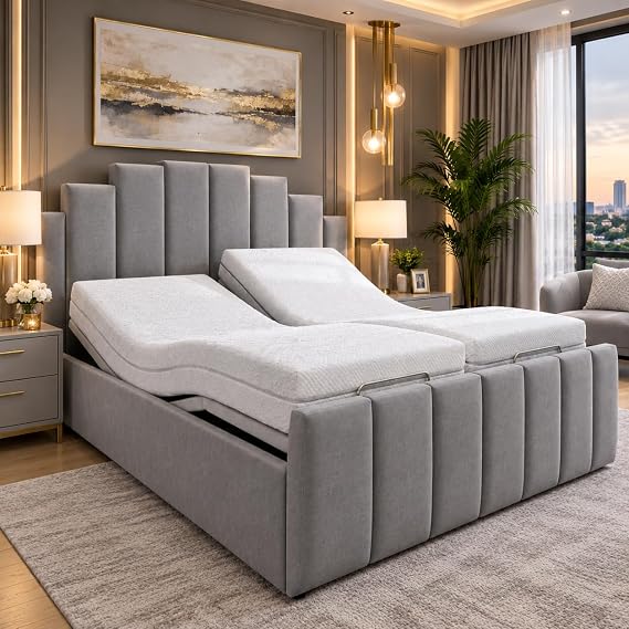 Adjustable Electric Panel Crown Mobility Bed Frame with Memory Foam Mattress, Grey plush, 4ft-small double