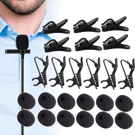 24pcs Microphone Windscreen Set for Lapel Microphones, 6pcs lapel microphone clip 6pcs Plastic Microphone Cord Clips 12pcs Mic Sponge Covers, Windscreen Shield Replacement Kit