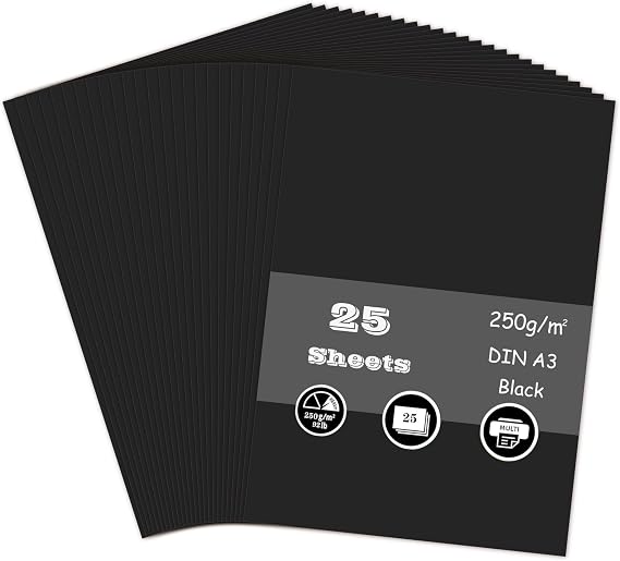 Black Card, A3 Card 250GSM Thick Card Stock for Cards Making, Scrapbook, Office Printing and Arts or Crafts DIY (25 Sheets)
