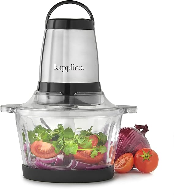 Chrome Mini Chopper & Food Processor - 250W Energy-Efficient Motor - Dual Speed - 2.0L Glass Bowl - 4 Bi-Level Stainless Steel Blades