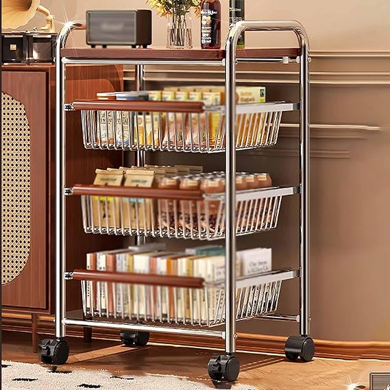 Vegetable and Fruit Storage Rack, Potato and Onion Storage Bin, Snack Storage Shelf Organizer, Multifunctional Food Rack for Pantry and Dorm(70cm/27.5in,Black Rock Wheels)