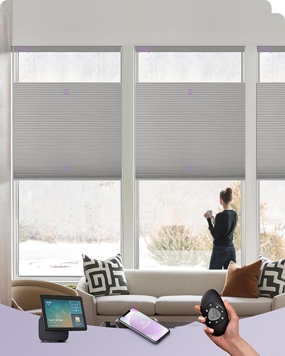 Graywind Smart Top Down Bottom Up Cellular Blinds Compatible with Alexa Google, Customized Blackout Motorized Pleated Shades for Windows, Solar Powered Electric TDBU Honeycomb Blind, Light Grey