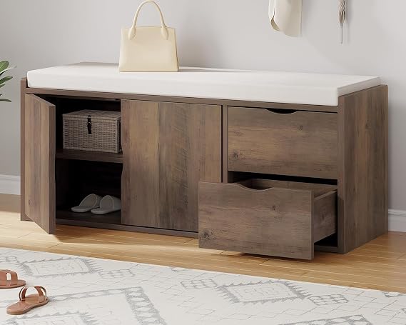 LVB Entryway Bench with Storage, 100 CM Storage Bench with Padded Cushioned Seat, Farmhouse Shoe Bench with 2 Drawers Cabinet Shelf, Industrial Wood Shoe Rack Bench for Living Bedroom, Rustic Oak