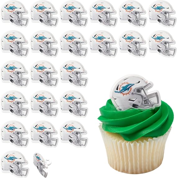 DecoPac NFL マイアミドルフィンズ ヘルメットリング、24 フットボールカップケーキデコレーション、公式ライセンス、フットボールリング、食品安全ケーキトッパー - 24パック