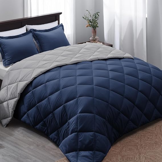 Basic Beyond Queen Comforter Set - Navy Blue Comforter Set Queen Size, Reversible Bed Comforter Queen Set for All Seasons, Navy/Grey, 1 Comforter (88"x92") and 2 Pillow Shams (20"x26"+2")