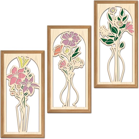 ANHUIB 3Pcs Hollow Boho Flower Wooden Wall Art Minimalism Flower in Vase Hanging Wood Wall Decor Abstract Botanical Floral Wood Wall Hangings Farmhouse Bohemian Wall Sign for Living Room Bedroom 8x16