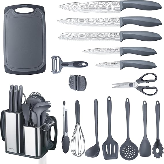 RAXCO 18-Piece Stainless Steel Kitchen Knife Set - Steak Knife Set, Professional Kitchen Knife Sets with Block and Sharpener (Grey)